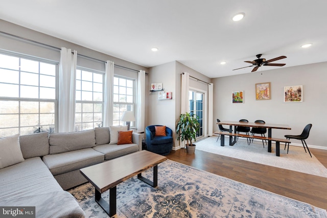 living room with ceiling fan and wood-type flooring