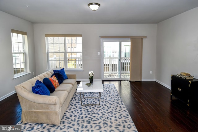 living room with dark hardwood / wood-style flooring