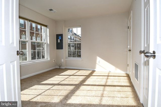 spare room with light colored carpet and electric panel