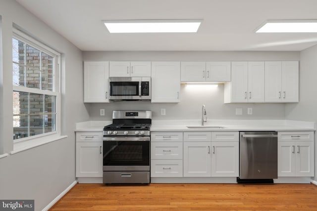 kitchen featuring stainless steel appliances, white cabinetry, and sink