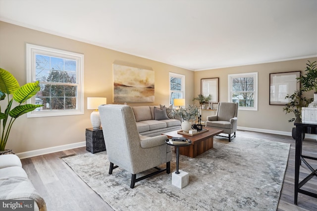 living area with ornamental molding, wood finished floors, and baseboards