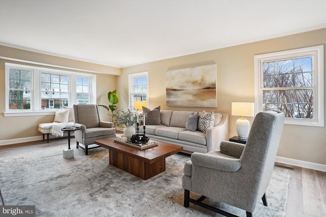 living room with wood finished floors, a wealth of natural light, and baseboards