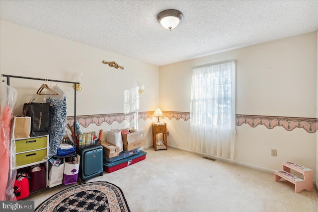 playroom featuring a textured ceiling and carpet flooring