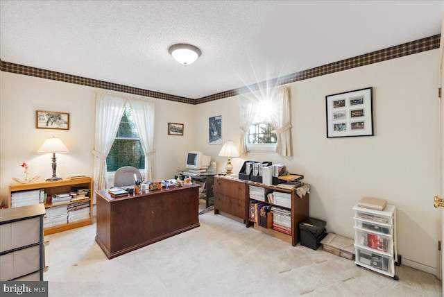 carpeted home office featuring ornamental molding and a textured ceiling