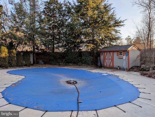 view of swimming pool with a storage shed