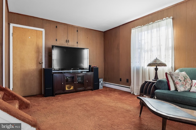 carpeted living area with wood walls and a baseboard heating unit