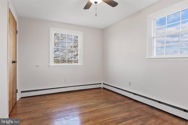 unfurnished bedroom with dark wood-style flooring and a ceiling fan