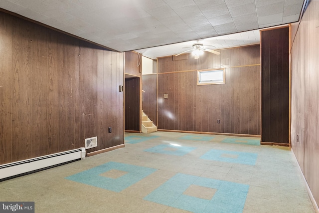 empty room with wooden walls, a baseboard heating unit, visible vents, a ceiling fan, and stairway