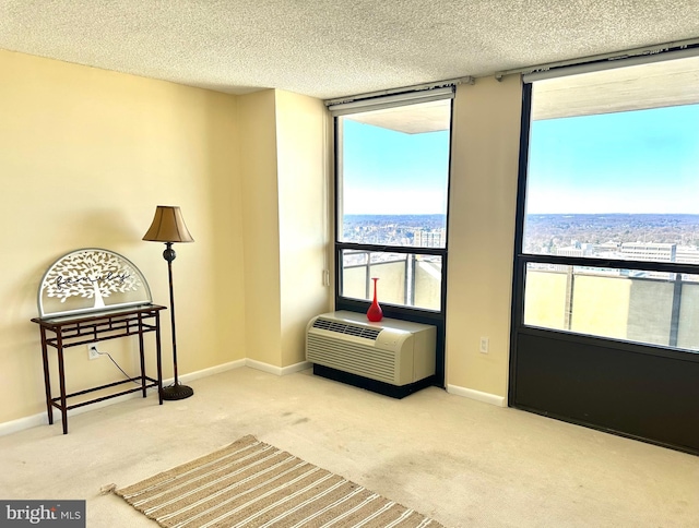 sitting room featuring a wall mounted AC, carpet, and a textured ceiling