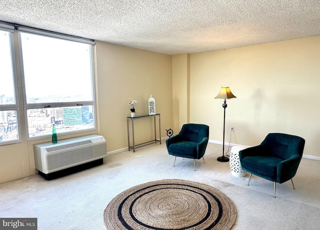 living area featuring a wall unit AC, carpet, and a healthy amount of sunlight