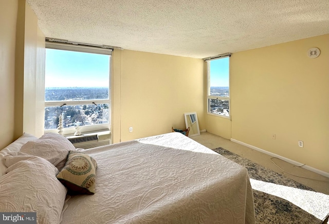 carpeted bedroom with a textured ceiling