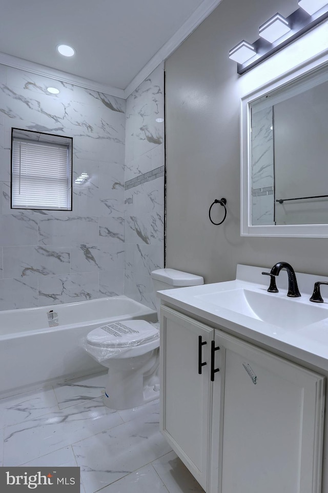 full bathroom featuring shower / tub combination, toilet, vanity, and ornamental molding