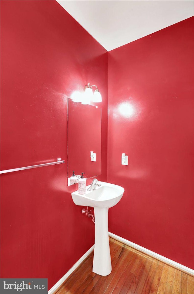 bathroom with wood-type flooring