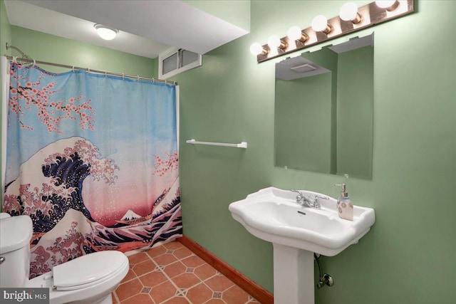 bathroom featuring tile patterned floors, walk in shower, and toilet