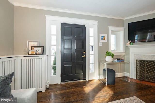 foyer with ornamental molding, dark hardwood / wood-style flooring, and a premium fireplace