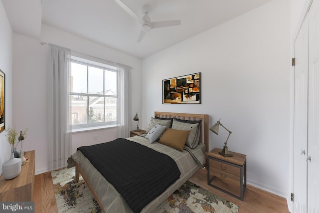 bedroom with light hardwood / wood-style flooring and ceiling fan