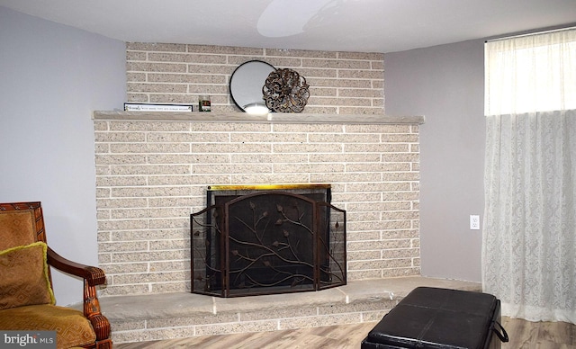 interior details featuring a fireplace and wood-type flooring