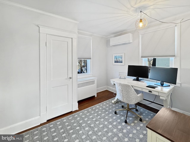 home office featuring a wall unit AC, radiator, dark hardwood / wood-style floors, and ornamental molding