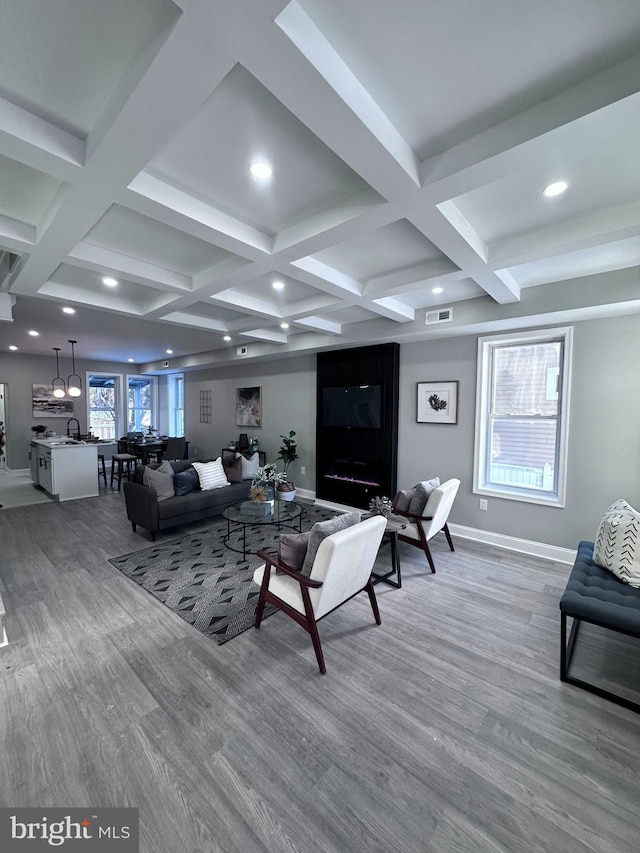 living room with beamed ceiling and hardwood / wood-style flooring