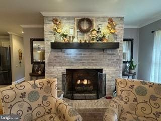 living room with a stone fireplace and ornamental molding