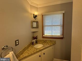 bathroom with vanity and crown molding