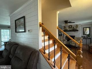 stairs featuring ceiling fan, a large fireplace, and crown molding