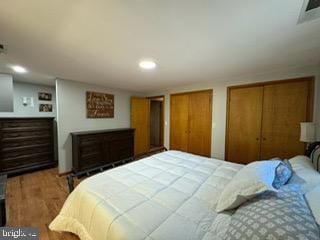 bedroom with hardwood / wood-style floors and two closets