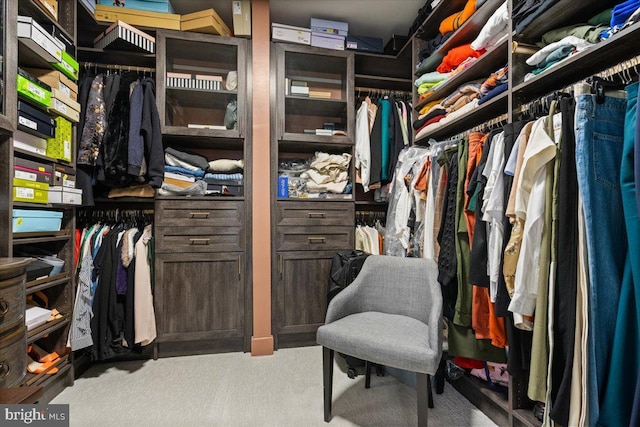 walk in closet featuring light carpet