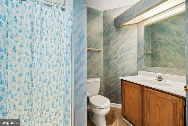 bathroom with vanity, wood-type flooring, curtained shower, and toilet