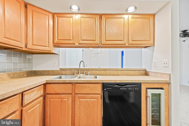 kitchen with sink, dishwasher, backsplash, light brown cabinetry, and beverage cooler