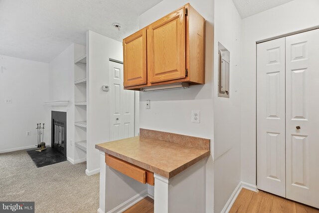 kitchen with a multi sided fireplace and light colored carpet