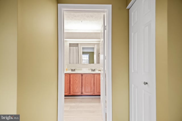 hall featuring sink and light wood-type flooring