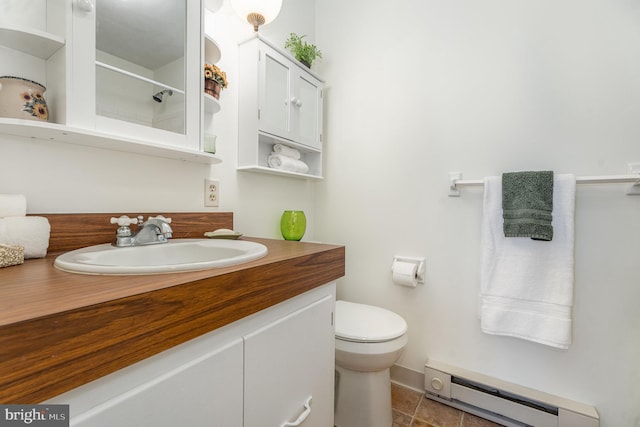 bathroom featuring vanity, toilet, and baseboard heating