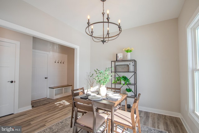 dining room featuring a chandelier and wood-type flooring