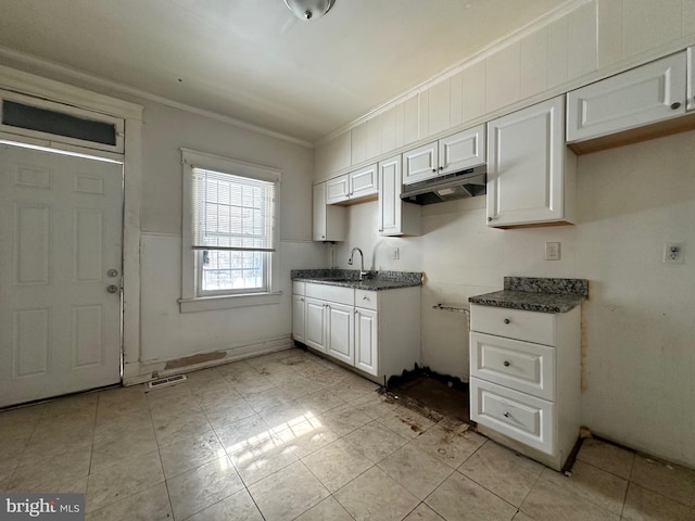 kitchen featuring white cabinetry, crown molding, and sink