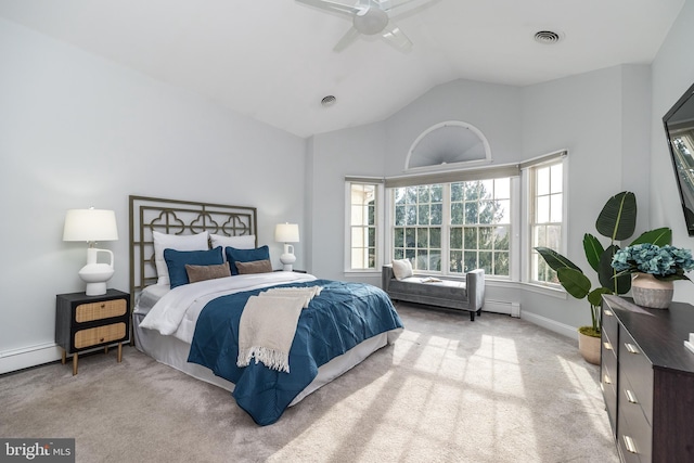 bedroom featuring ceiling fan, light colored carpet, baseboard heating, and vaulted ceiling