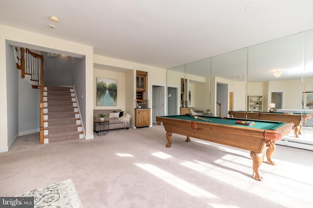 recreation room with carpet floors, a baseboard heating unit, and billiards