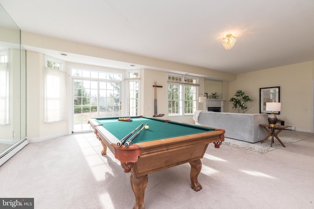 rec room featuring billiards, baseboard heating, and light colored carpet