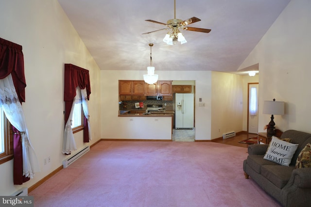 carpeted living room featuring lofted ceiling, a baseboard radiator, and ceiling fan