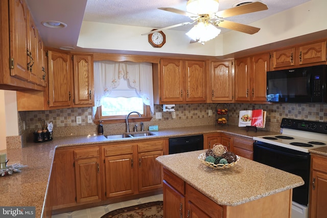 kitchen with tasteful backsplash, sink, light stone counters, and black appliances