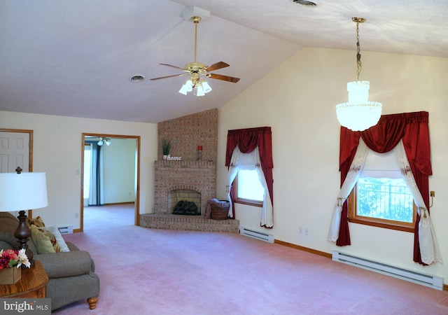 carpeted living room featuring lofted ceiling, a healthy amount of sunlight, and baseboard heating