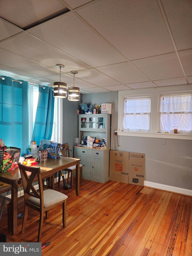 dining area with a paneled ceiling, light hardwood / wood-style floors, and a healthy amount of sunlight