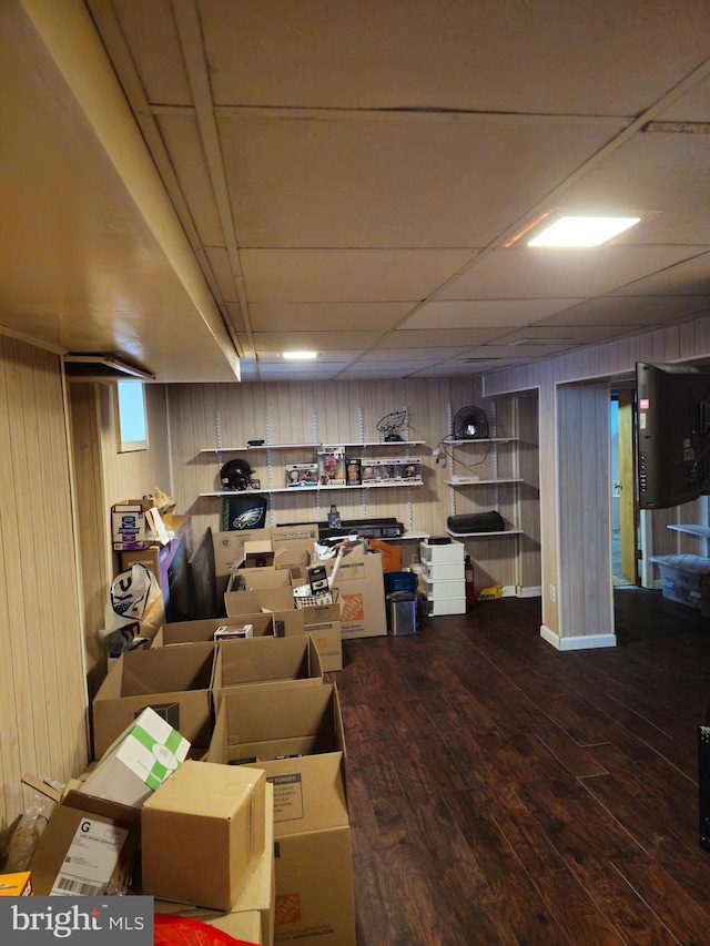 basement featuring wood-type flooring and wooden walls