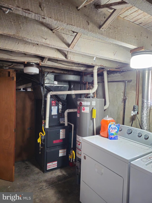 interior space with washing machine and dryer, gas water heater, and heating unit