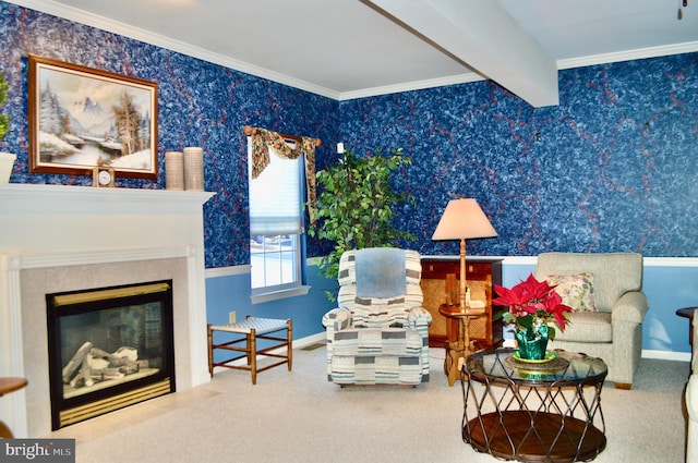 living area featuring carpet, a tile fireplace, crown molding, and beamed ceiling