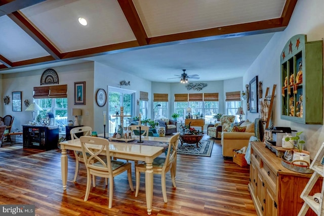 dining area featuring beamed ceiling, a wealth of natural light, and hardwood / wood-style flooring