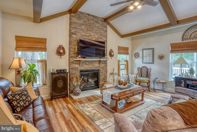 living room featuring a stone fireplace, a wealth of natural light, and light wood-type flooring