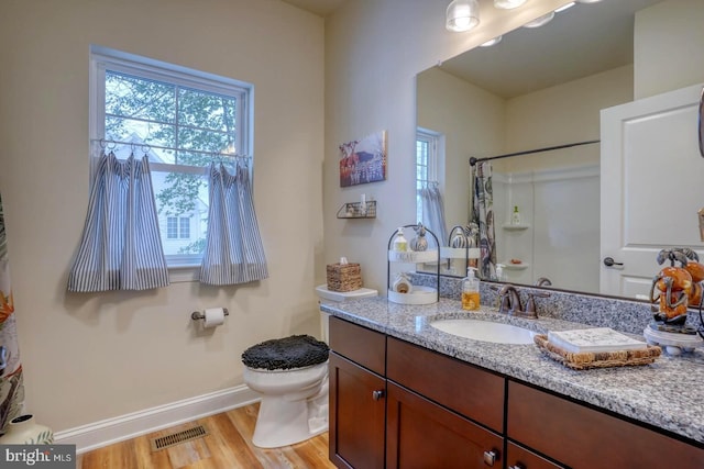 bathroom featuring vanity, toilet, curtained shower, and wood-type flooring