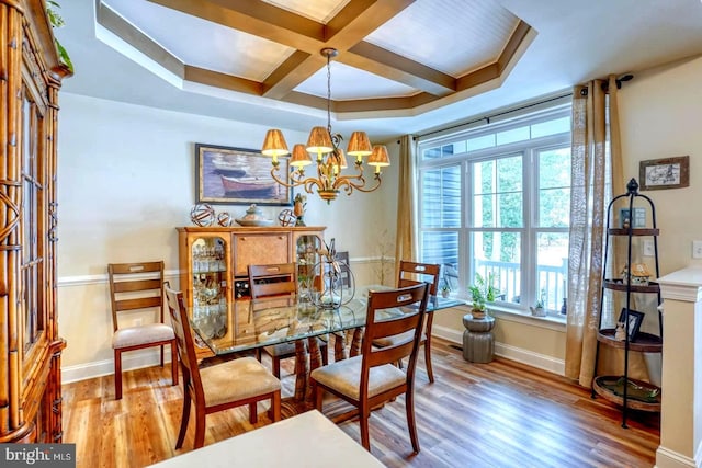 dining area featuring an inviting chandelier, coffered ceiling, light hardwood / wood-style floors, and beamed ceiling