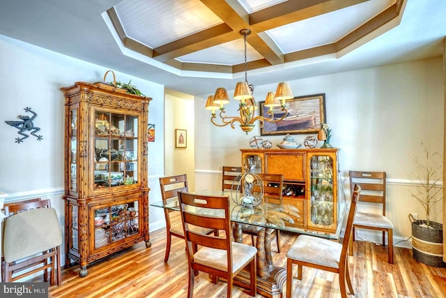 dining area featuring coffered ceiling, light hardwood / wood-style flooring, beamed ceiling, and an inviting chandelier